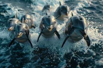Aufkleber - A pod of dolphins riding the bow waves of a ship, playful and swift,