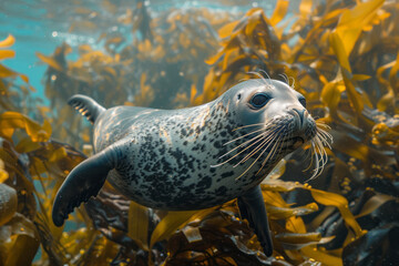 Poster - A playful seal frolicking in the kelp forest, its movements quick and agile,