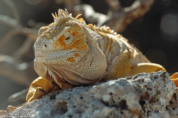 Fototapete - A Pink Land Iguana, a rare sight, basking on the warm rocks of Isabela Island,
