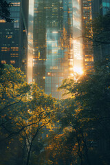 Poster - A cityscape where buildings resemble giant trees, complete with solar panel leaves and wind turbine branches,