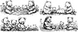 Set of 4 vector panoramic pictures with family of toy bears with their kid sitting at grassy lawn. Cute summer picnic black and white illustration of toy bear family