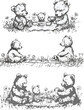Set of 3 vector panoramic pictures with family of toy bears with their kid sitting at grassy lawn. Cute summer picnic black and white illustration of toy bear family