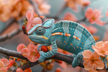 Aufkleber - A chameleon perched on a twig, changing its colors to match the blooming flowers around it,