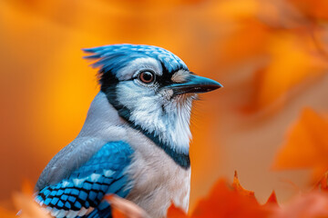 Poster - A blue jay squawking loudly to defend its territory, vibrant against the autumn leaves,
