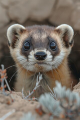 Wall Mural - A black-footed ferret peeking out from a burrow on the prairie, one of North Americaâ€™s most endangered mammals,