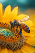 A bee collecting nectar from a bright sunflower, pollen dusting its legs,