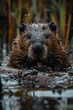 A beaver busily constructing a dam, logs and mud in its mouth, under the watchful eyes of dragonflies,