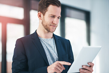 Poster - Businessman, tablet and online research or website for real estate startup or property management, planning or sales. Male person, confidence and email or digital app for project, pointing or realtor
