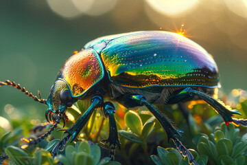 Aufkleber - A beetle with iridescent armor, the colors shifting in the sunlight,