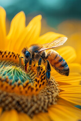 Poster - A bee collecting nectar from a bright sunflower, pollen dusting its legs,
