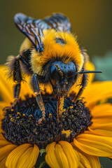 Poster - A bee collecting nectar from a bright sunflower, pollen dusting its legs,