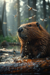Poster - A beaver busily constructing a dam, logs and mud in its mouth, under the watchful eyes of dragonflies,