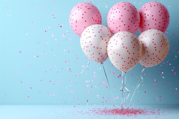 Poster - A cheerful and festive image featuring a bunch of pink and white polka dot balloons with confetti falling on a pastel blue backdrop Perfect for celebrations