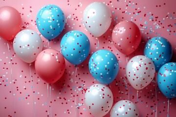 Poster - A festive scene filled with light blue and pink balloons surrounded by scattered confetti on a pink background