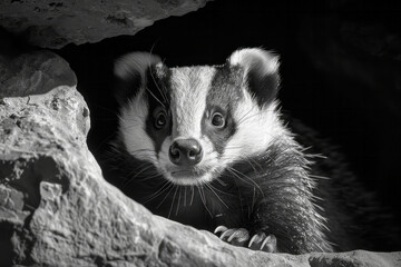 Poster - A badger emerging from its den under a rock, twilight casting long shadows around its stout form,