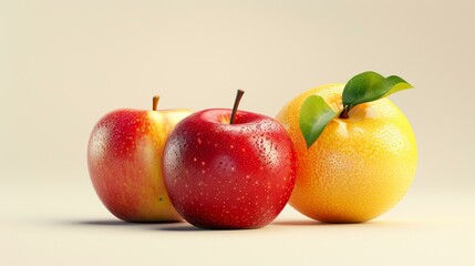 Wall Mural - Three fresh fruits, a red apple, a yellow apple and an orange on a beige background.