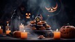 Halloween party cake Cookies screaming ghost on the table decorated with cream, pumpkins, candles, smoke spooky scary trick or treats October 31 copy space blank background.