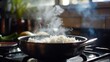 A steamy pot of fragrant jasmine rice cooking on a gas burner, complementing a delicious Thai curry simmering in a nearby pan.
