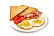 Plate with eggs, bacon, tomatoes and toast isolated on white background