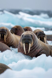 A group of walruses lounging on a chunk of drifting ice, their massive forms huddled together for warmth,