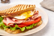 Sandwich with ham, tomatoes, and egg is a classic fast food dish on a plate