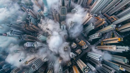 Aufkleber - An aerial view of a bustling cityscape with sleek high-rise buildings reaching towards the clouds, epitomizing urban development.