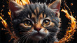 a cute kitten, Hyperdetailed Eyes, Tee-Shirt Design, Line Art, Black Background, Ultra Detailed Artistic, Detailed Gorgeous Face, Natural Skin, Water Splash, Colour Splash Art, Fire and Ice, Splatter,