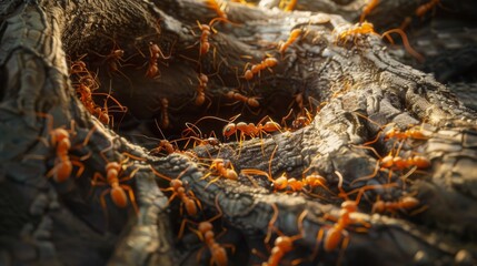 Poster - An ant colony emerging from a network of intricate tunnels in the soil, illustrating the hidden world beneath our feet.