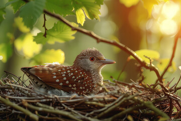 Wall Mural - A cuckoo stealthily approaching another birdâ€™s nest, a sneaky intruder in the woods,