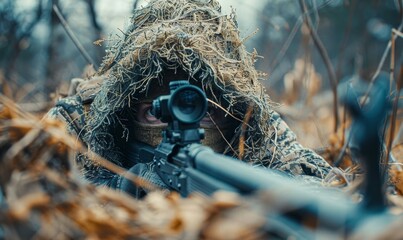 Special forces sniper soldier wearing ghillie suit laying on ground hiding with sniper gun, Generative AI