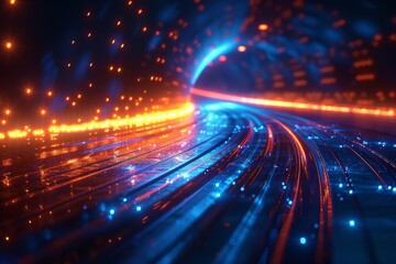 Poster - the image portrays curved trails of light representing high-speed motion on an urban road at night