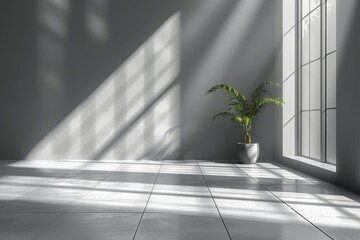 Poster - Pure, crisp sunlight streams through large windows, casting sharp shadows on a minimalist white interior featuring a potted plant for a natural touch