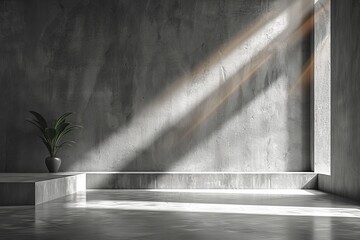 Poster - An elegant and serene interior design featuring sunlight casting long shadows on a concrete wall and a plant in a pot, symbolizing tranquility and simplicity