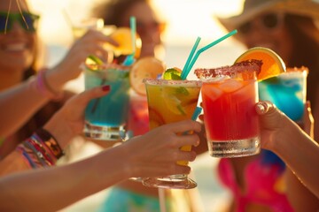 group of friends toasting with colorful drinks at the beach enjoying their summer vacation in an out