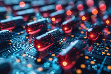Poster - A vibrant and detailed depiction of a futuristic circuit board with glowing red elements signaling connectivity