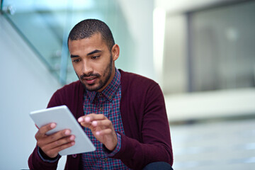 Aufkleber - Business man, tablet or tech typing on stairs in office for research, online search or social media. Male person, concentrate or professional working on company report, blog post or web design