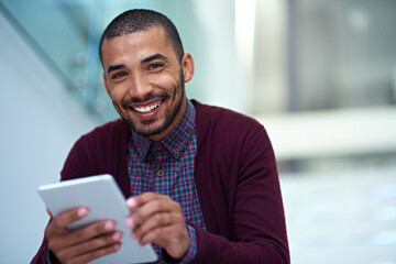 Aufkleber - Businessman, smile and tablet on steps in outdoor in portrait for research and information for project of startup company. Happy, employee and stairs by office with digital technology for ideas