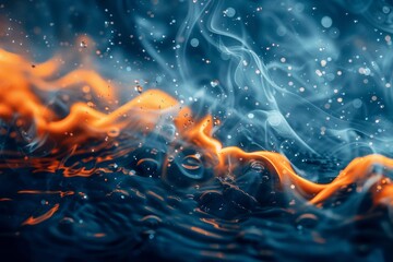 Poster - A mesmerizing scene captures the interplay between fiery orange flames and cool blue water droplets creating an almost mythical image