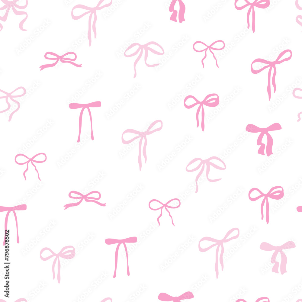 Pink bow. Cute seamless pattern. Elegant coquette hand drawn ribbon ...