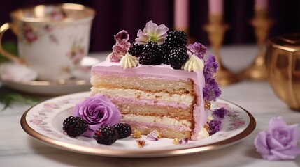 Poster - Slice of tasty sweet cake with cream decorated with flower and blackberries served on plate on table in light room.