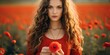 Young woman in a vintage dress holding a red poppy flower up to her face in a vibrant field of poppies. Generative AI.