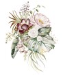 Set of watercolor roses. Botanical composition of tropical leaves and flowers. Bouquet of australian plants and orchid branches. Wedding stationery, fashion, card, poster. Pink and pale beige bud.