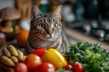 Wall Mural - Portrait of a cat with fruits and vegetables around him. Healthy food concept. Generative AI.