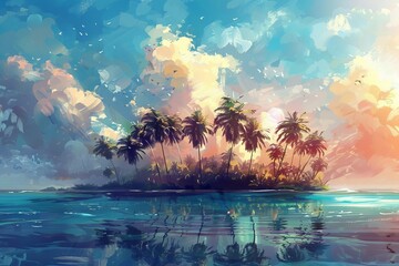 Wall Mural - tropical paradise lush palm trees on a dreamy conceptual island digital painting