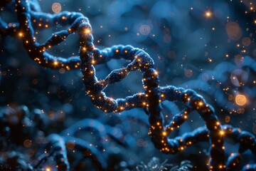Poster - Close-up view of a double helix DNA structure with sparkling and shimmer effects representing genetic analysis