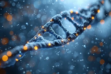 Poster - An artistic representation of a DNA helix with glowing lights against a deep blue background, symbolizing biotechnology