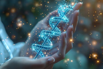 Poster - An ethereal image of a human hand seemingly manipulating a dazzling holographic DNA strand against a soft backdrop