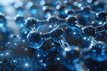 Poster - Image features a closeup of an intricate molecular model in blue tone with sparkling light details throughout the structure