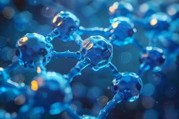 Poster - High-quality 3D render of blue molecules connected in the mesh, representing complex scientific structures on a dark background