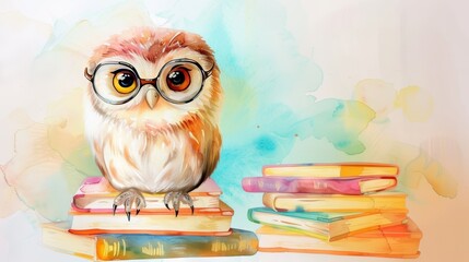  Whimsical Owl Reading Books in Watercolor Generative AI